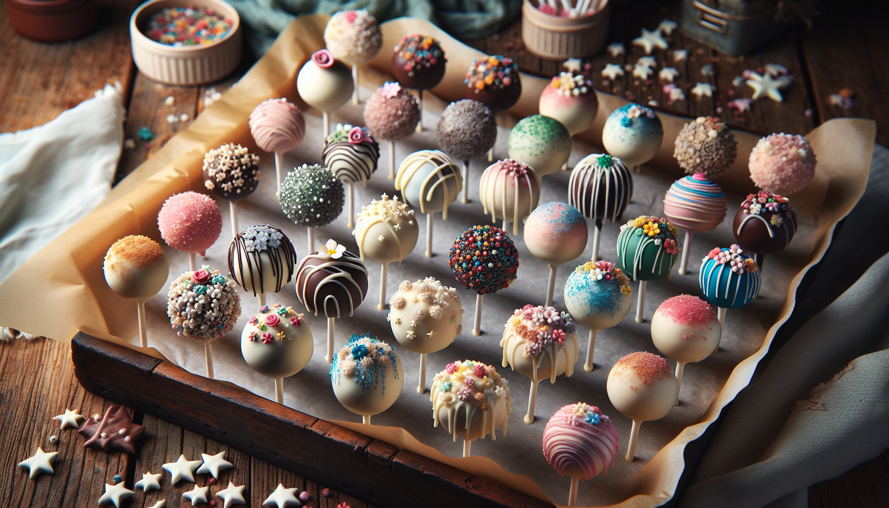 Decorated cake pops on a parchment paper-lined tray