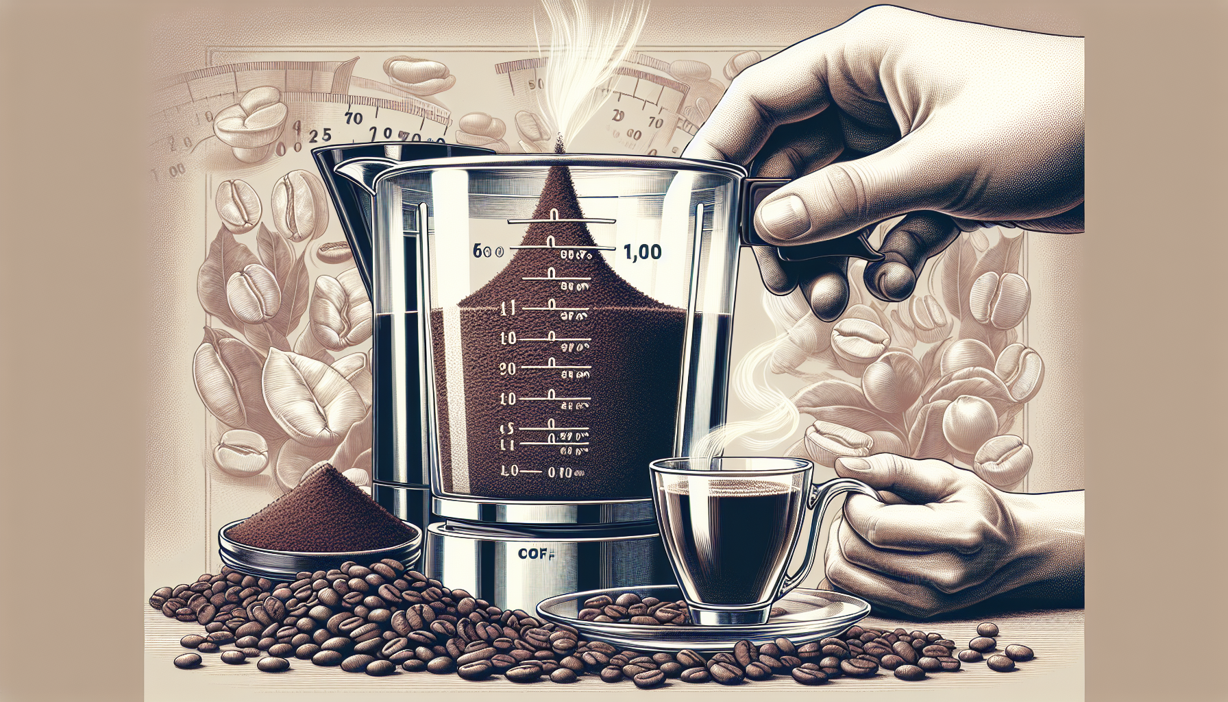 Measuring cup and coffee grounds for precision measuring