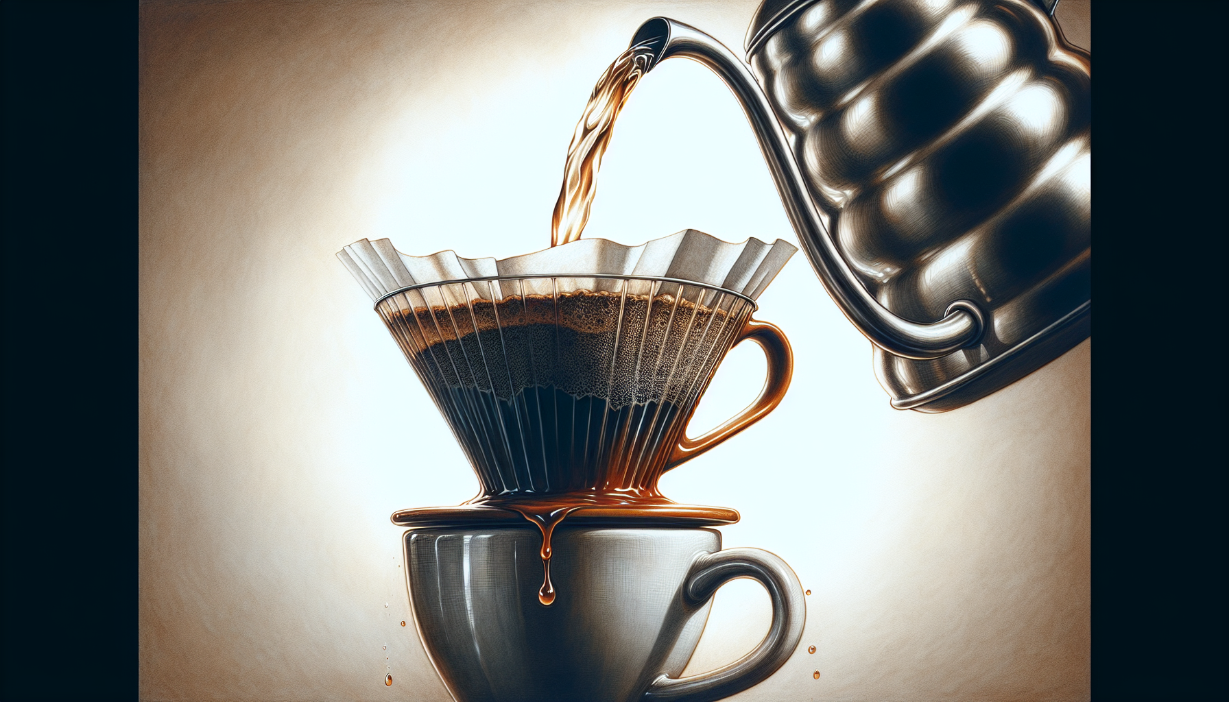 Illustration of a pour over coffee setup with a kettle, dripper, and coffee cup